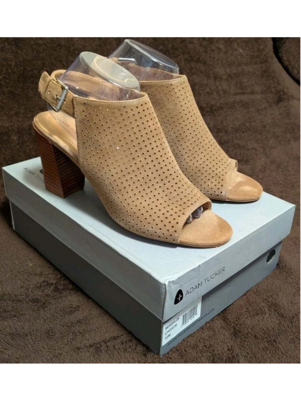 Adam Tucker Meridia-DS Peep Toe Block Heel Taupe Suede Size 10 N38 Women's Shoes